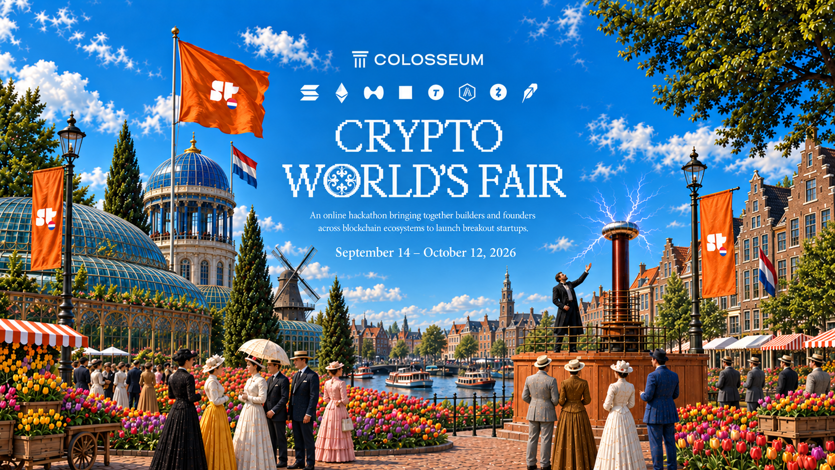 Colosseum hackathon, with Dutch canals, tulips and orange Superteam NL flags.